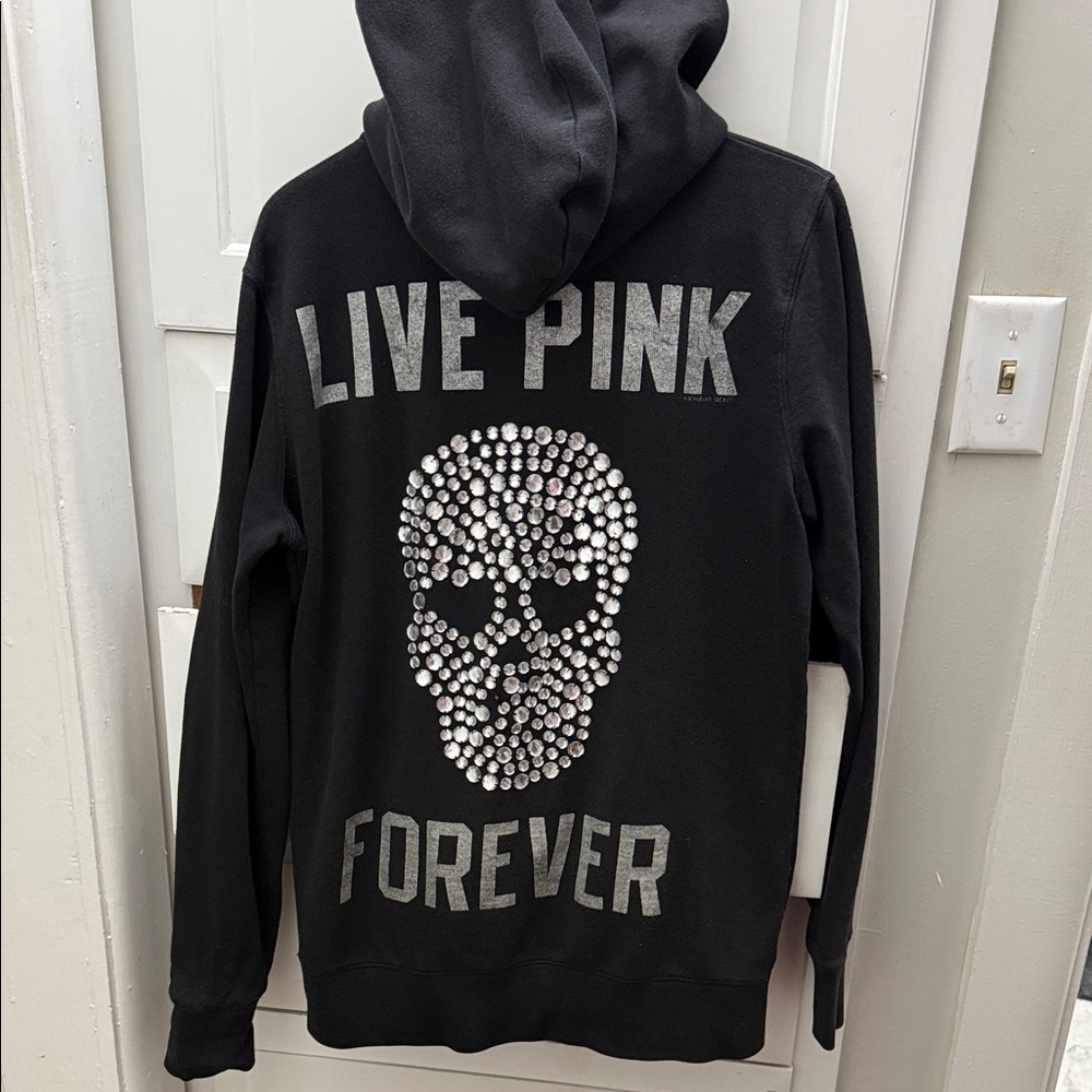 Victoria's Secret Love pink Black Hoodie with Silver Skull Design